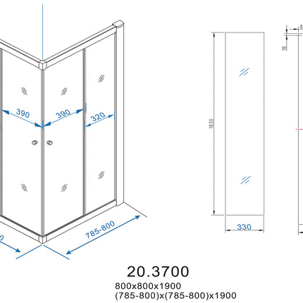Xellanz - Douchecabine - Eco hoekinstap cabine met 2 schuifdeuren 800 x 800 x 1900 x 5 mm nano helde - technische tekening
