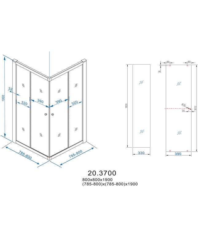 Xellanz - Douchecabine - Eco hoekinstap cabine met 2 schuifdeuren 800 x 800 x 1900 x 5 mm nano helde - technische tekening