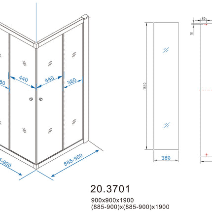 Xellanz Eco hoekinstap douchecabine 90 x 90 cm - technische tekening | Schwertz & Co