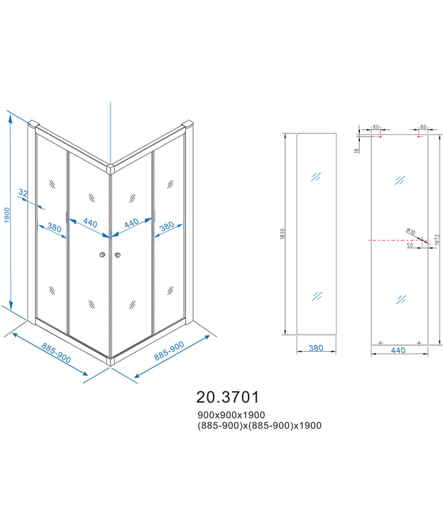 Xellanz Eco hoekinstap douchecabine 90 x 90 cm - technische tekening | Schwertz & Co