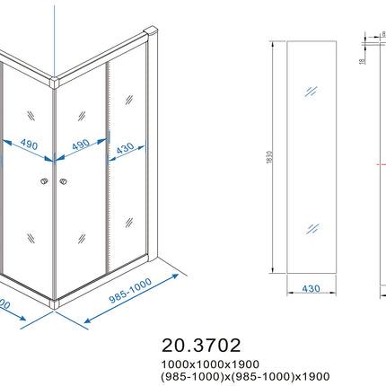 Xellanz Eco hoekinstap douchecabine 100 x 100 cm - technische tekening | Schwertz & Co
