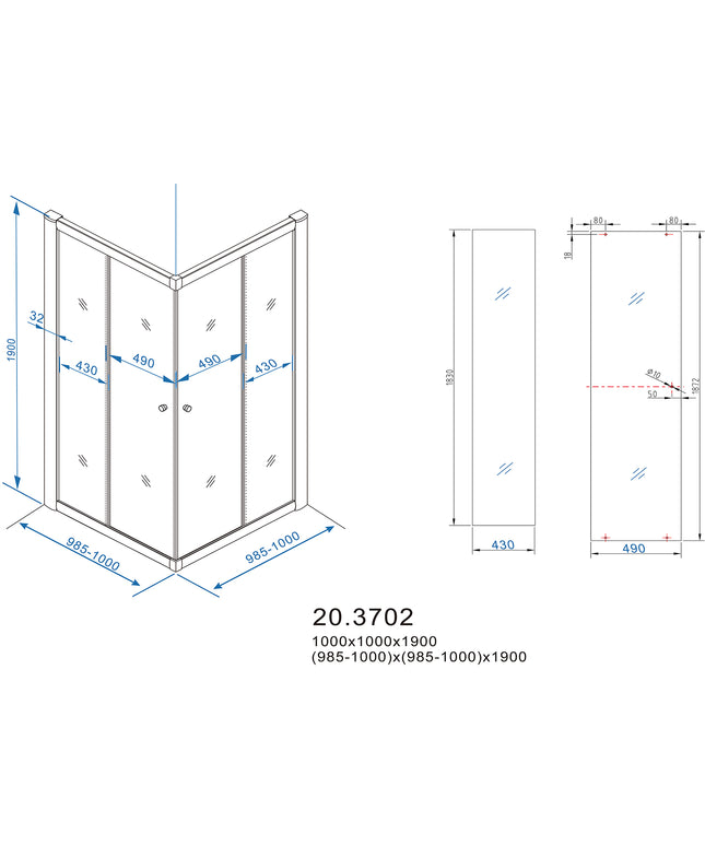 Xellanz Eco hoekinstap douchecabine 100 x 100 cm - technische tekening | Schwertz & Co