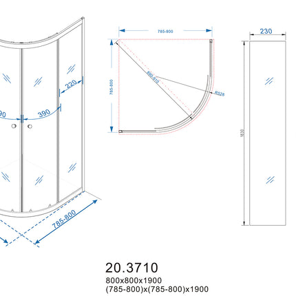 Xellanz Eco kwartronde douchecabine 80 x 80 cm - technische tekening | Schwertz & Co