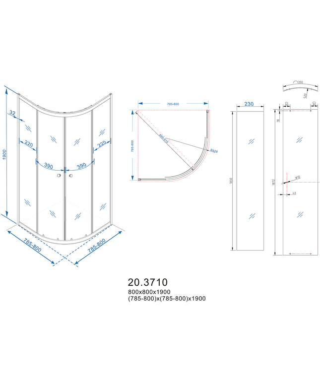 Xellanz Eco kwartronde douchecabine 80 x 80 cm - technische tekening | Schwertz & Co