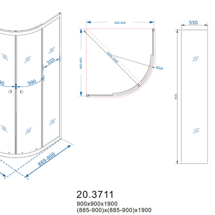 Xellanz Eco kwartronde douchecabine 90 x 90 cm - technische tekening | Schwertz & Co