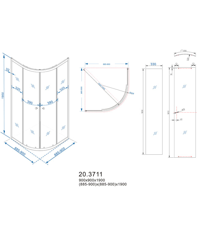 Xellanz Eco kwartronde douchecabine 90 x 90 cm - technische tekening | Schwertz & Co