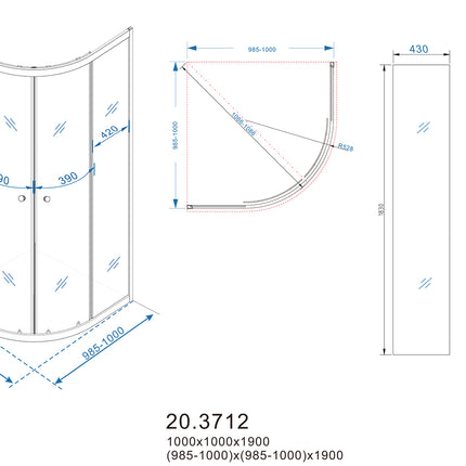 Xellanz Eco kwartronde douchecabine 100 x 100 cm - technische tekening | Schwertz & Co