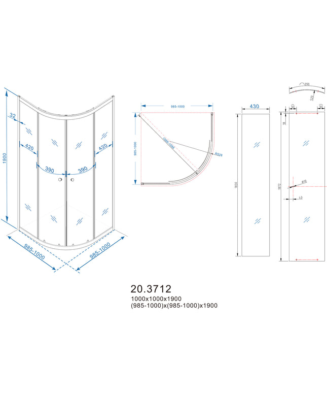 Xellanz Eco kwartronde douchecabine 100 x 100 cm - technische tekening | Schwertz & Co