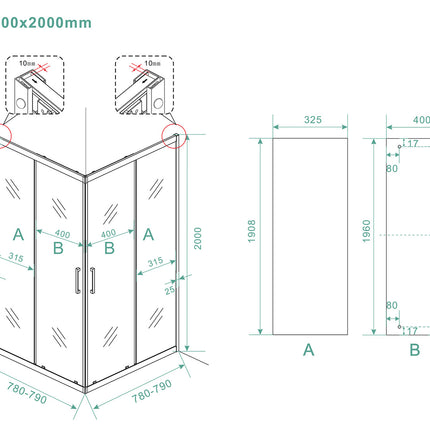 Wiesbaden Skyline hoekinstap douchecabine mat zwart - technische tekening | Schwertz & Co