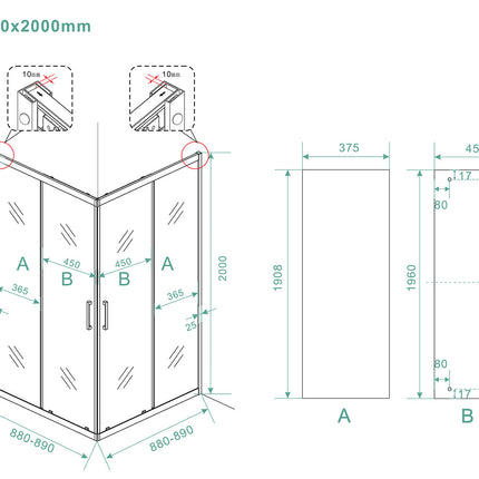 Wiesbaden Skyline hoekinstap douchecabine 90 cm mat zwart - technische tekening | Schwertz & Co