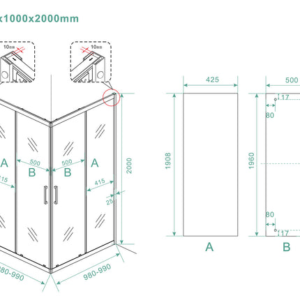 Wiesbaden Skyline hoekinstap douchecabine 100 cm mat zwart - technische tekening | Schwertz & Co
