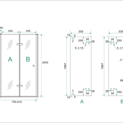 Wiesbaden Maki vouwbare nisdeur links 80 x 200 cm helder glas chroom - technische tekening | Schwertz & Co