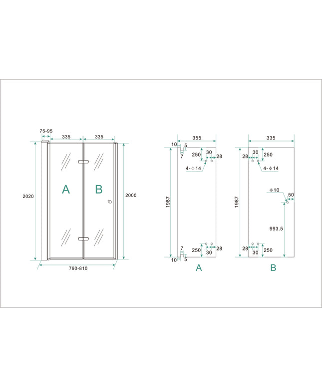 Wiesbaden Maki vouwbare nisdeur links 80 x 200 cm helder glas chroom - technische tekening | Schwertz & Co