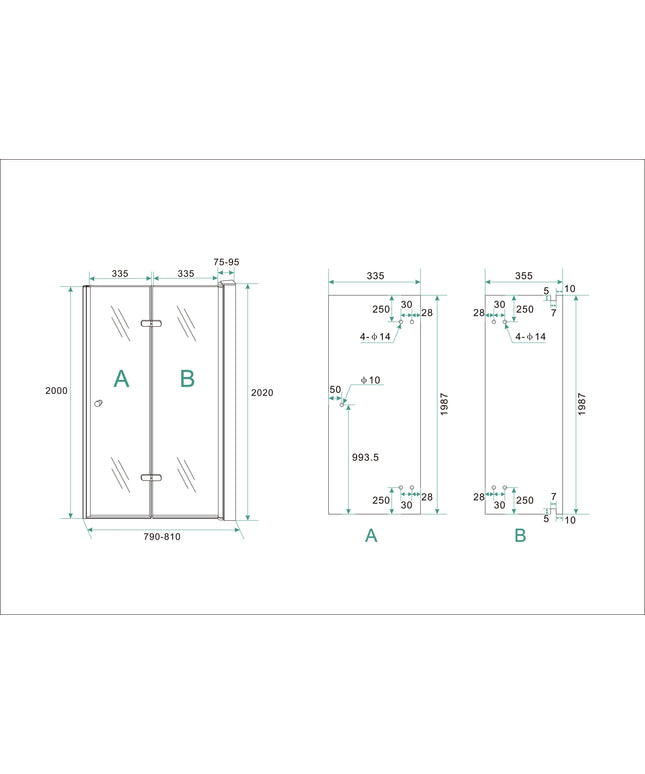 Wiesbaden Maki vouwbare nisdeur rechts 80 x 200 cm helder glas chroom - technische tekening | Schwertz & Co
