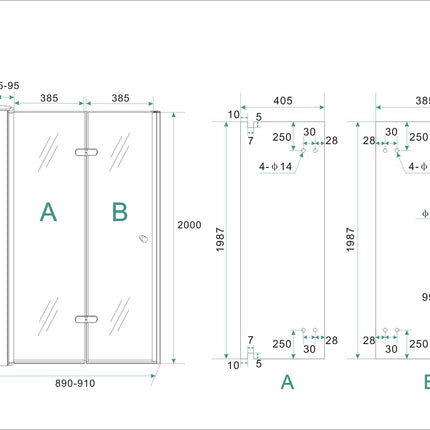 Wiesbaden Maki vouwbare nisdeur links 90 x 200 cm helder glas chroom - technische tekening | Schwertz & Co