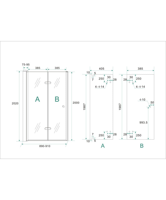 Wiesbaden Maki vouwbare nisdeur links 90 x 200 cm helder glas chroom - technische tekening | Schwertz & Co