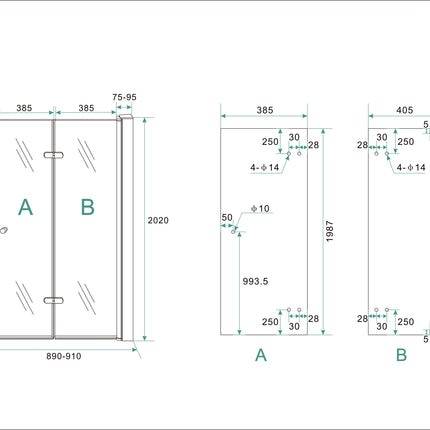 Wiesbaden Maki vouwbare nisdeur rechts 90 x 200 cm helder glas chroom - technische tekening | Schwertz & Co