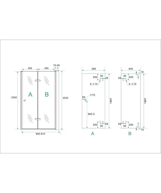 Wiesbaden Maki vouwbare nisdeur rechts 90 x 200 cm helder glas chroom - technische tekening | Schwertz & Co