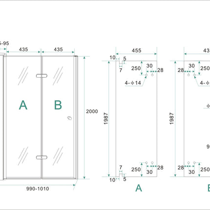 Wiesbaden Maki vouwbare nisdeur links 100 x 200 cm helder glas chroom - technische tekening | Schwertz & Co