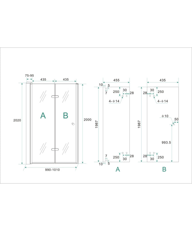 Wiesbaden Maki vouwbare nisdeur links 100 x 200 cm helder glas chroom - technische tekening | Schwertz & Co