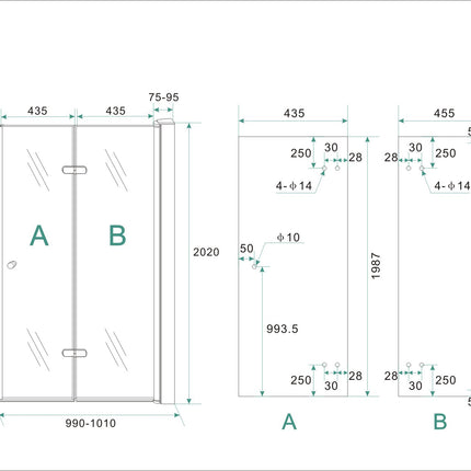 Wiesbaden Maki vouwbare nisdeur rechts 100 x 200 cm helder glas chroom - technische tekening | Schwertz & Co