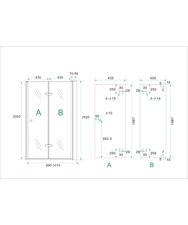 Wiesbaden Maki vouwbare nisdeur rechts 100 x 200 cm helder glas chroom - technische tekening | Schwertz & Co