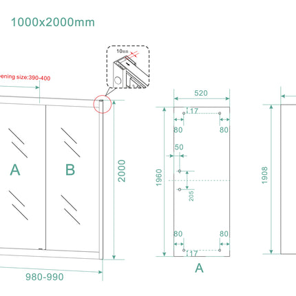 Wiesbaden Skyline nis schuifdeur 100 x 200 cm mat zwart - technische tekening | Schwertz & Co
