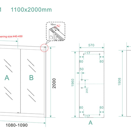 Wiesbaden Skyline nis schuifdeur 110 cm mat zwart - technische tekening | Schwertz & Co