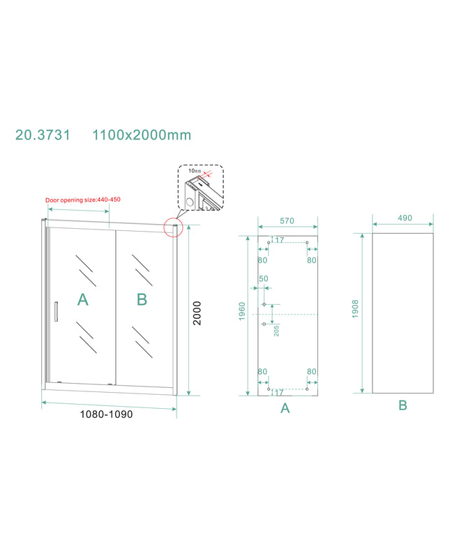 Wiesbaden Skyline nis schuifdeur 110 cm mat zwart - technische tekening | Schwertz & Co