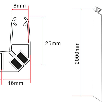 Wiesbaden Skyline set magneetstrippen douchecabine zwart - technische tekening | Schwertz & Co