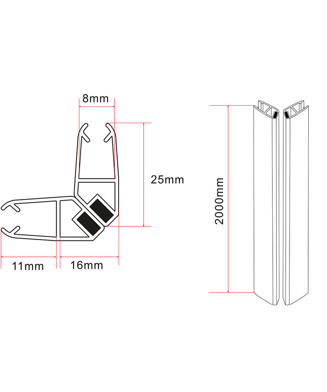 Wiesbaden Skyline set magneetstrippen douchecabine zwart - technische tekening | Schwertz & Co