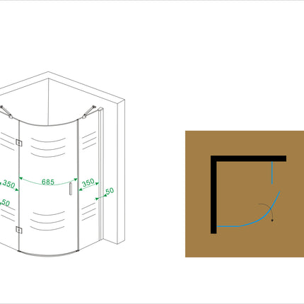 Wiesbaden Curf kwartronde douchecabine links chroom - technische tekening | Schwertz & Co