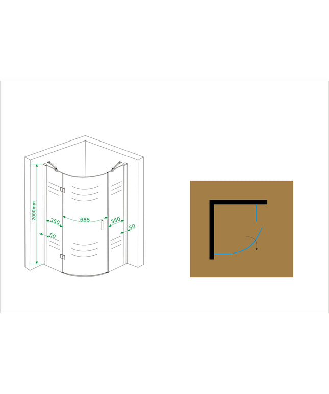 Wiesbaden Curf kwartronde douchecabine links chroom - technische tekening | Schwertz & Co
