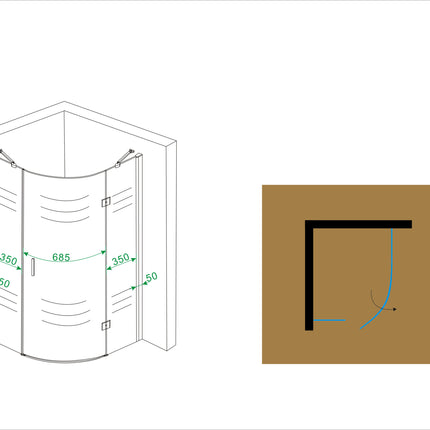 Wiesbaden Curf kwartronde douchecabine rechts met draaideur - technische tekening | Schwertz & Co