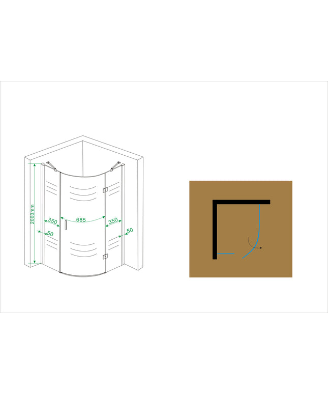 Wiesbaden Curf kwartronde douchecabine rechts met draaideur - technische tekening | Schwertz & Co
