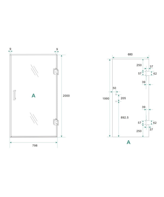 Wiesbaden Less glas voor nisdeur rechts spiegelrook naar helder - technische tekening | Schwertz & Co