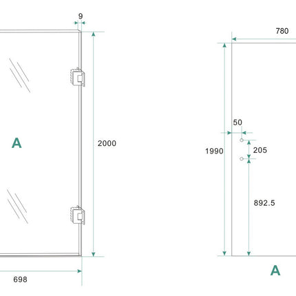 Wiesbaden Less glas voor nisdeur rechts 80 x 200 cm spiegelrook - technische tekening | Schwertz & Co