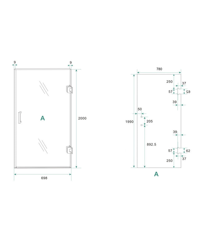Wiesbaden Less glas voor nisdeur rechts 80 x 200 cm spiegelrook - technische tekening | Schwertz & Co