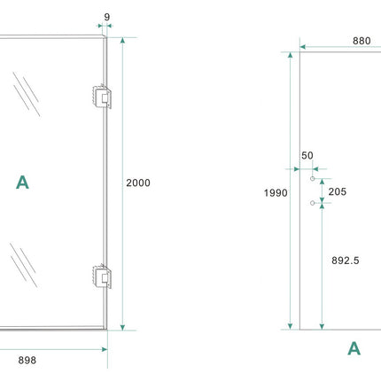 Wiesbaden Less nisdeurglas rechts 90 x 200 cm spiegelrook naar helder glas - technische tekening | Schwertz & Co