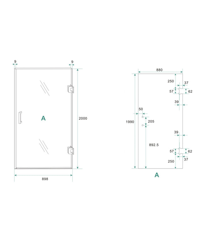 Wiesbaden Less nisdeurglas rechts 90 x 200 cm spiegelrook naar helder glas - technische tekening | Schwertz & Co