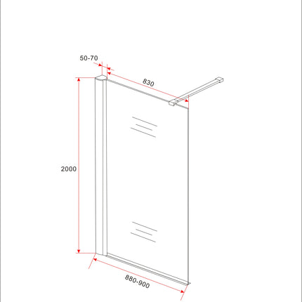 Wiesbaden Graffic inloopdouche 90 x 200 cm safety glass helder glas chroom - technische tekening | Schwertz & Co