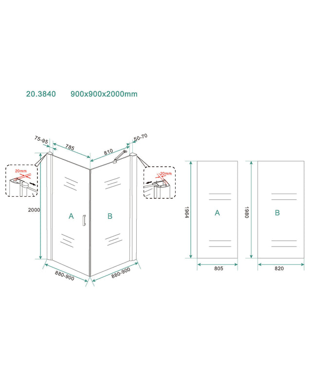 Wiesbaden Salone douchecabine draaideur 90 cm nanoglas - technische tekening | Schwertz & Co