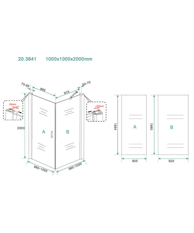 Wiesbaden Salone douchecabine draaideur 100 cm - technische tekening | Schwertz & Co
