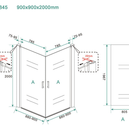 Wiesbaden Salone douchecabine 2 draaideuren 90 cm nanoglas - technische tekening | Schwertz & Co