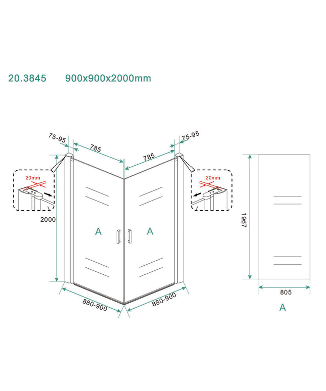 Wiesbaden Salone douchecabine 2 draaideuren 90 cm nanoglas - technische tekening | Schwertz & Co