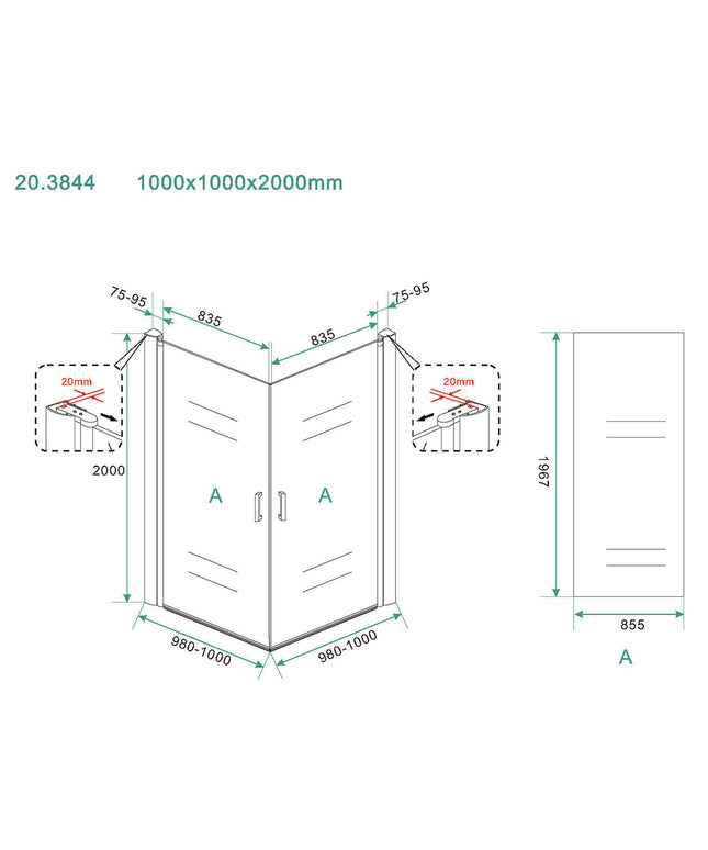 Wiesbaden Salone douchecabine 2 draaideuren 100 cm nanoglas - technische tekening | Schwertz & Co