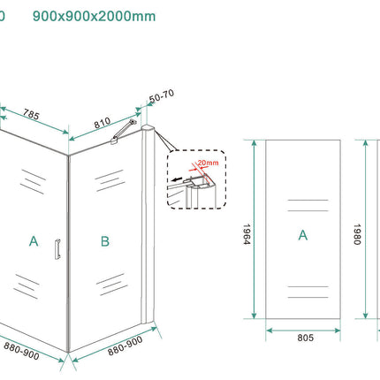 Wiesbaden Salone draaideurcabine mat zwart 90 x 90 x 200 cm - technische tekening | Schwertz & Co