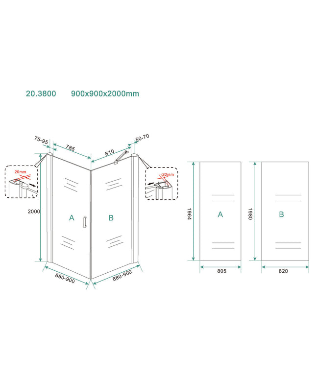 Wiesbaden Salone draaideurcabine mat zwart 90 x 90 x 200 cm - technische tekening | Schwertz & Co