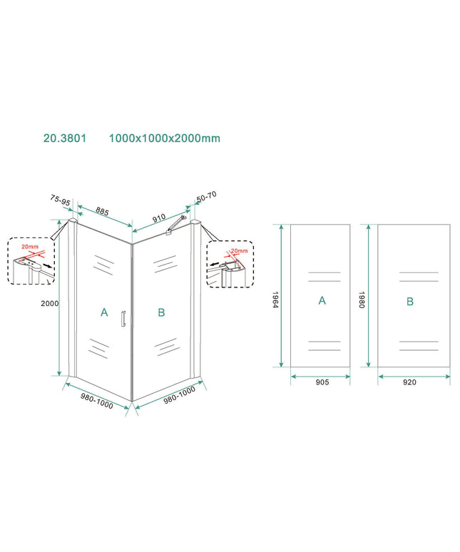 Wiesbaden Salone douchecabine 100 x 100 cm mat zwart - technische tekening | Schwertz & Co