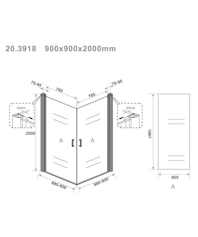 Wiesbaden Salone hoekcabine 2 draaideuren mat zwart 90 x 90 x 200 cm - technische tekening | Schwertz & Co